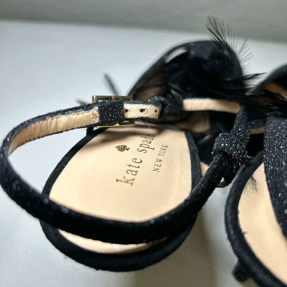 Kate‎ Spade Glitter Feather Black Open Toe Slingback Pumps Heels Size 7